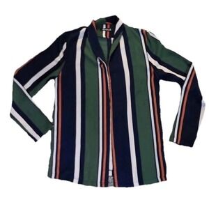 Women's Blue green Striped Boho Retro 90s Y2K Long Sleeve Blouse Top Sz Medium